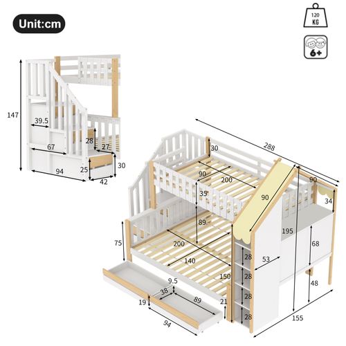 Lit Superposé 90x200 cm Enfant Avec Escalier Et Tiroirs, Cabane Bois Et Mdf, Blanc/naturel