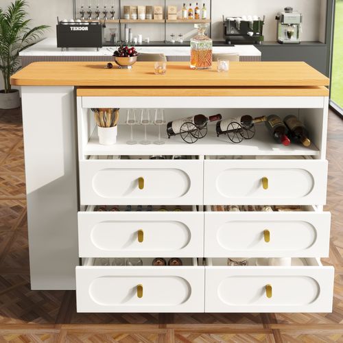 Table Bar Avec Plateau Pivotant 360° Et Tiroirs - Meuble Bar Fonctionnel Cuisine/salon - Mdf Blanc
