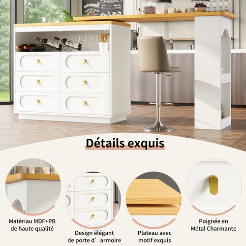 Table Bar Avec Plateau Pivotant 360° Et Tiroirs - Meuble Bar Fonctionnel Cuisine/salon - Mdf Blanc