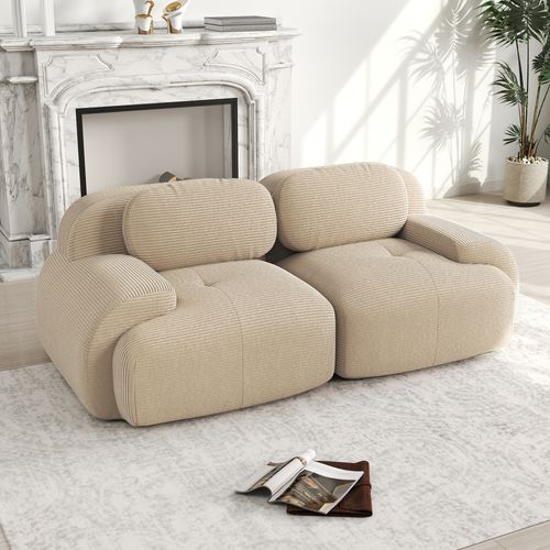 Canapé Modulable Moderne 2 Places, Accoudoirs Arrondis, Base Antidérapante, Velours Côtelé Beige