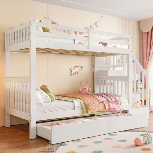 Lit Superposé 90x200 Cm Enfant Avec Tiroirs, Étagère Rangement, Pin Et Mdf, Blanc