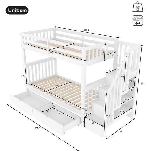 Lit Superposé 90x200 Cm Enfant Avec Tiroirs, Étagère Rangement, Pin Et Mdf, Blanc