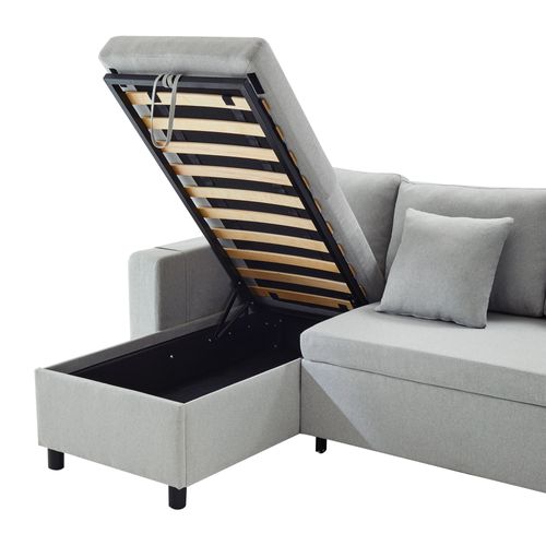 Canapé-lit D’angle En L Avec Méridienne Réversible, Rangement, Poches, Lin Et Bois, Gris