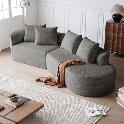 Canapé D’angle 3 Places Chenille Moderne, Sans Assemblage, 4 Coussins, Modulable, Gris Clair