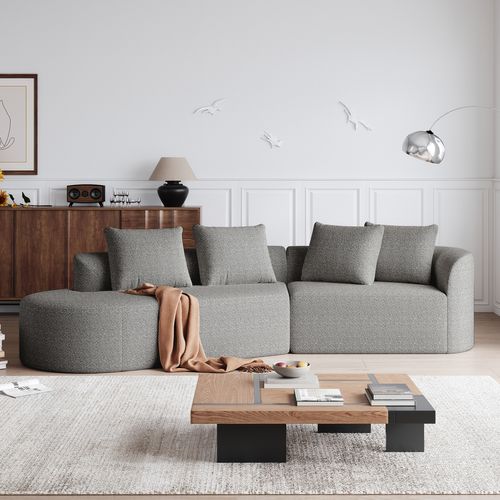 Canapé D’angle 3 Places Chenille Moderne, Sans Assemblage, 4 Coussins, Modulable, Gris Clair