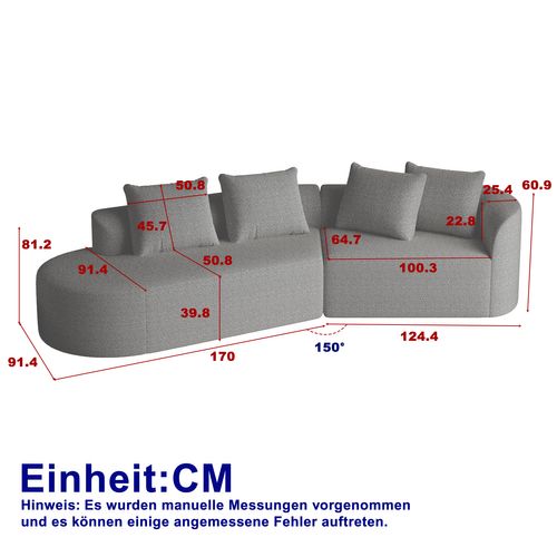 Canapé D’angle 3 Places Chenille Moderne, Sans Assemblage, 4 Coussins, Modulable, Gris Clair