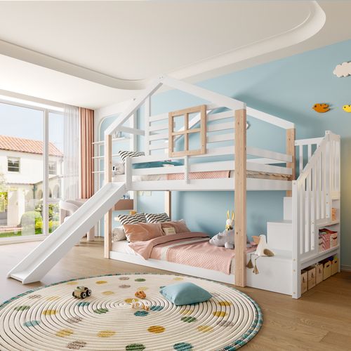Lit Superposé Enfant 90x200 Cm En Bois - Toboggan, Escalier Et Rangement - Blanc