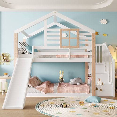 Lit Superposé Enfant 90x200 Cm En Bois - Toboggan, Escalier Et Rangement - Blanc