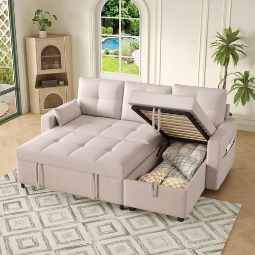 Canapé Convertible En L Avec Méridienne Réversible, Coffre Et Porte-gobelet, Lin Beige