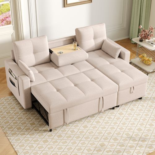 Canapé Convertible En L Avec Méridienne Réversible, Coffre Et Porte-gobelet, Lin Beige