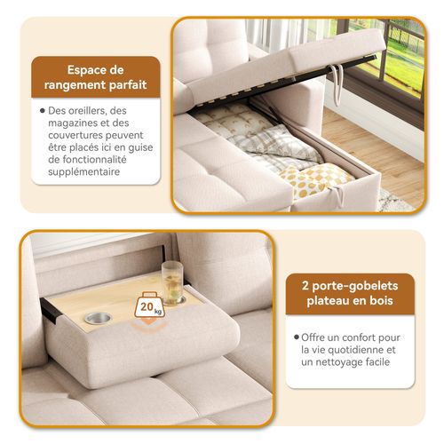 Canapé Convertible En L Avec Méridienne Réversible, Coffre Et Porte-gobelet, Lin Beige
