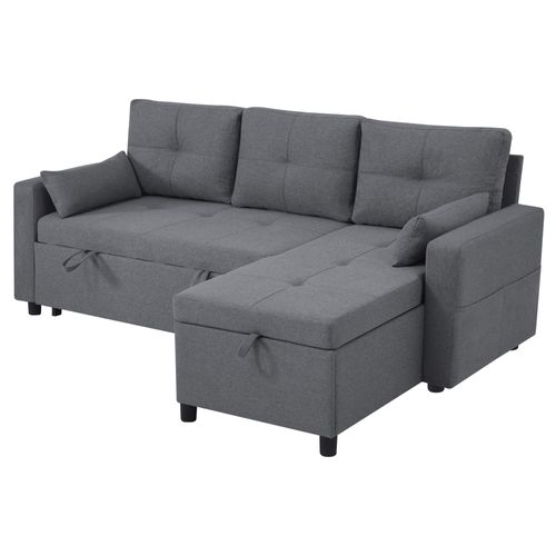 Canapé Convertible En L Avec Méridienne Réversible, Coffre Et Porte-gobelet, Lin Gris