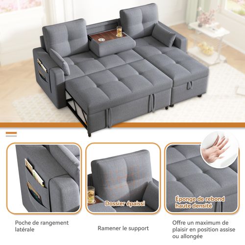 Canapé Convertible En L Avec Méridienne Réversible, Coffre Et Porte-gobelet, Lin Gris