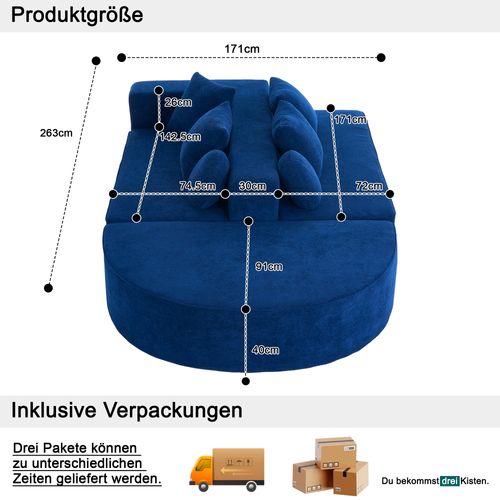 Canapé Modulable 5 Places Avec 6 Coussins, Sans Assemblage, Confortable, Chenille Bleu