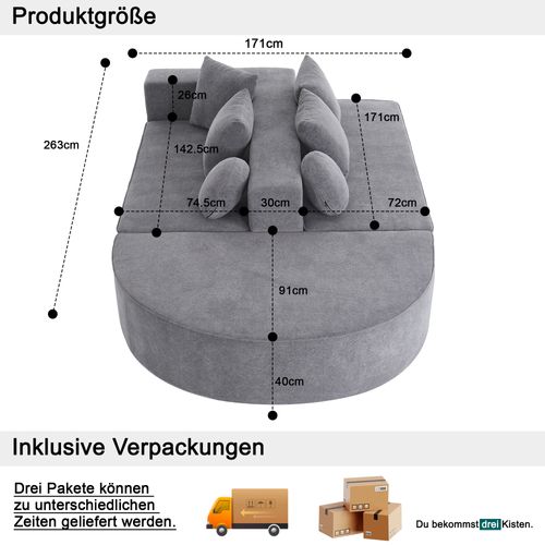 Canapé Modulable 5 Places Avec 6 Coussins, Sans Assemblage, Confortable, Chenille Gris