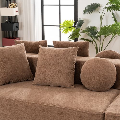 Canapé Modulable 5 Places Avec 6 Coussins, Sans Assemblage, Confortable, Chenille Marron