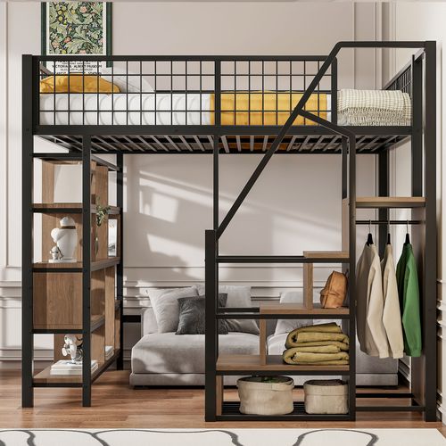 Lit Mezzanine 140×200 Cm Adulte/ado Avec Rangements Et Escalier, Métal, Mdf Et Contreplaqué, Noir