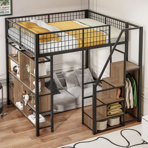 Lit Mezzanine 140×200 Cm Adulte/ado Avec Rangements Et Escalier, Métal, Mdf Et Contreplaqué, Noir