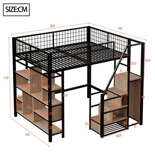 Lit Mezzanine 140×200 Cm Adulte/ado Avec Rangements Et Escalier, Métal, Mdf Et Contreplaqué, Noir