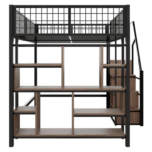 Lit Mezzanine 140×200 Cm Adulte/ado Avec Rangements Et Escalier, Métal, Mdf Et Contreplaqué, Noir