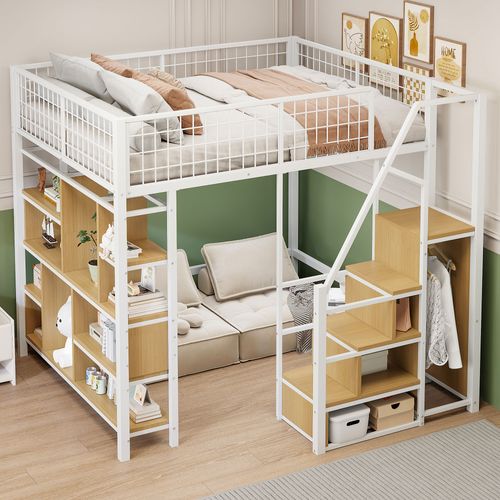 Lit Mezzanine 140×200 Cm Adulte/ado Avec Rangements Et Escalier, Métal, Mdf Et Contreplaqué, Blanc