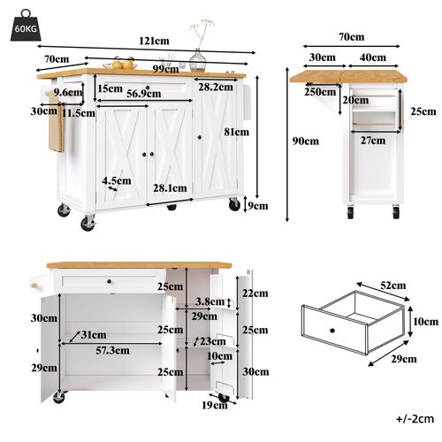 Îlot De Cuisine – Sur Roulettes, Plan Extensible, Portes Et Étagères Réglables, Mdf/métal, Blanc