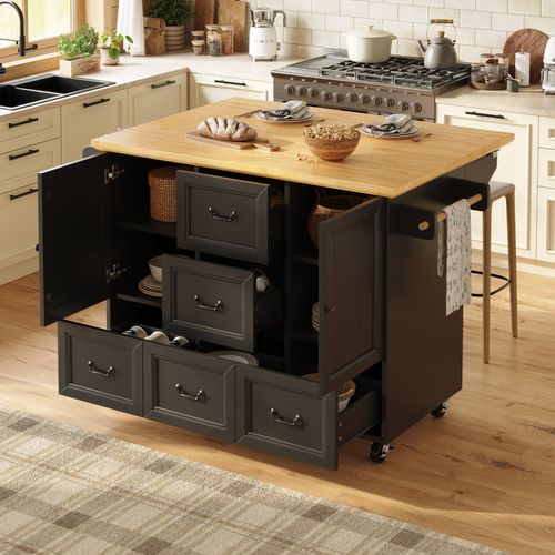 Îlot De Cuisine Extensible, Roulettes, Étagères Réglables, Tiroirs, Porte-épices, Mdf/métal, Noir