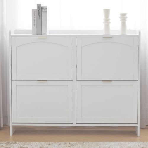 Meuble à Chaussures, 4 Compartiments Abattants, Étagère Ouverte, Meuble Pour Entrée/couloir, Blanc