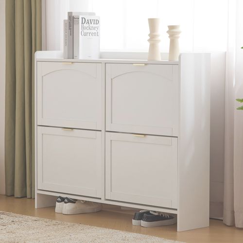 Meuble à Chaussures, 4 Compartiments Abattants, Étagère Ouverte, Meuble Pour Entrée/couloir, Blanc