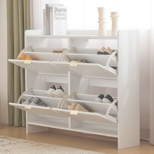 Meuble à Chaussures, 4 Compartiments Abattants, Étagère Ouverte, Meuble Pour Entrée/couloir, Blanc