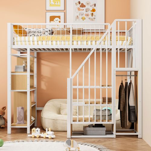 Lit Mezzanine Enfant/adulte 90x200 Cm - Rangement, Étagères Et Escalier Sécurisé, Métal Blanc