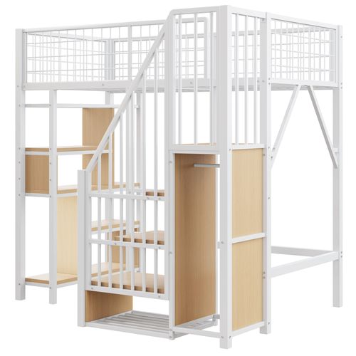 Lit Mezzanine Enfant/adulte 90x200 Cm - Rangement, Étagères Et Escalier Sécurisé, Métal Blanc