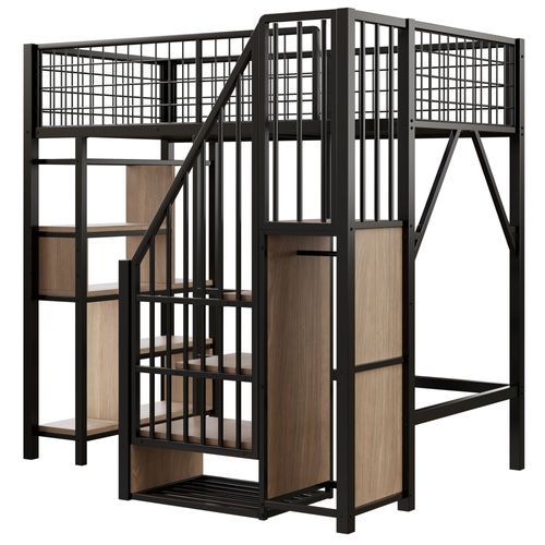 Lit Mezzanine Enfant 90x200 Cm - Rangement Intégré, Étagères Et Escalier Sécurisé, Métal Noir