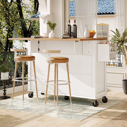 Îlot De Cuisine – Roulettes, Plateau Bois, Tiroirs Fermés, Meuble De Rangement Multifonction, Blanc