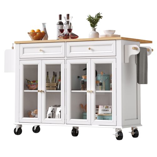 Îlot De Cuisine – Roulettes, Plateau Bois, Tiroirs Fermés, Meuble De Rangement Multifonction, Blanc
