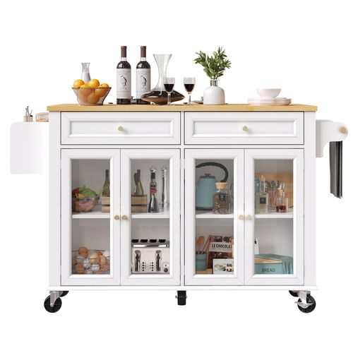 Îlot De Cuisine – Roulettes, Plateau Bois, Tiroirs Fermés, Meuble De Rangement Multifonction, Blanc