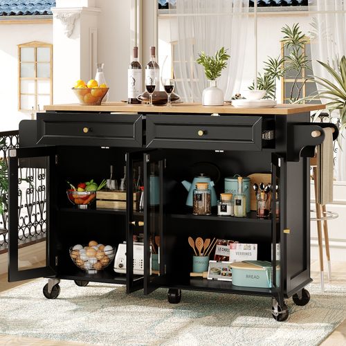 Îlot De Cuisine – Roulettes, Plateau Bois, Tiroirs Fermés, Meuble De Rangement Multifonction, Noir