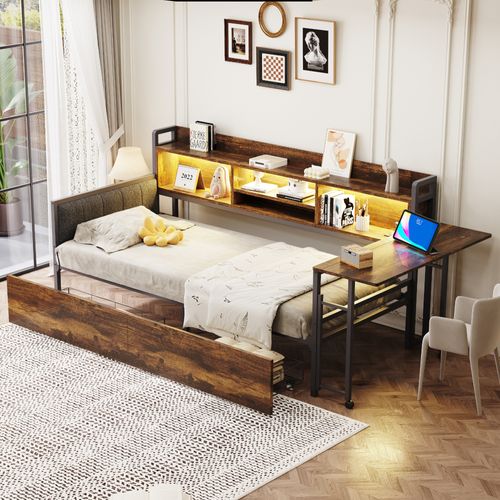 Lit Banquette 90x200 Cm - Avec LED, Tiroirs Et Bureau Pliable - Métal, Naturel