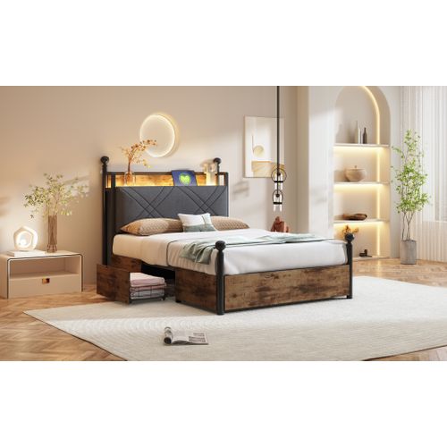 Lit Simple 90x190 Cm - Lit Baldaqui, Tiroirs, Ports USB/type-c, Métal, LED Intégré, Noir