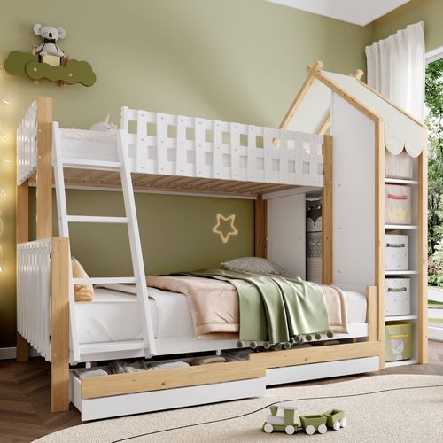 Lit Superposé Enfant 90x200 Cm - 2 Tiroirs Et Barrières De Sécurité - Design Bois - Blanc+naturel