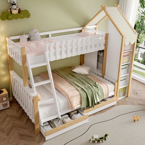 Lit Superposé Enfant 90x200 Cm - 2 Tiroirs Et Barrières De Sécurité - Design Bois - Blanc+naturel