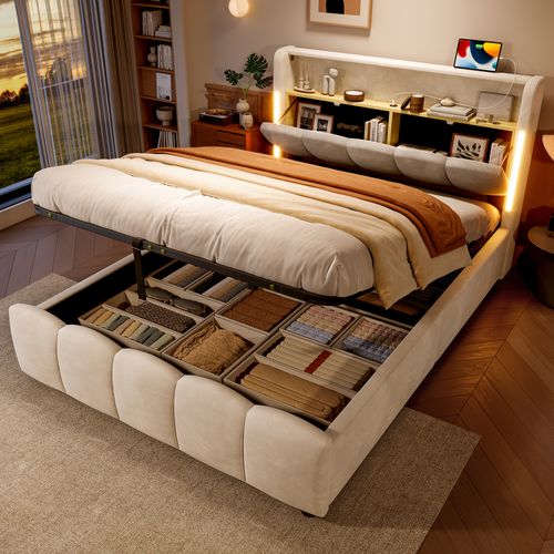 Lit Coffre 140x200 Cm Double Avec LED, USB, Capitonné Velours, Tête De Lit, Sommier Relevable Beige