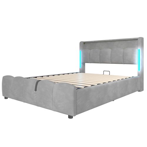 Lit Coffre 140x200 Cm Double Avec LED, USB, Capitonné Velours, Tête De Lit, Sommier Relevable Gris