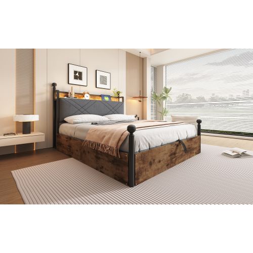 Lit Coffre Double 140x190 Cm - Baldaquin, Éclairage LED, Rangement, Ports USB/type-c, Métal, Noir