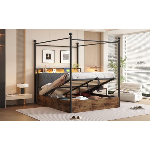 Lit Coffre Double 140x190 Cm - Baldaquin, Éclairage LED, Rangement, Ports USB/type-c, Métal, Noir