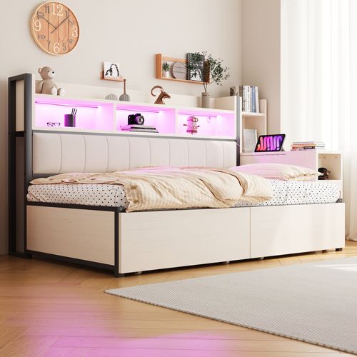 Lit Banquette 90x200 Cm, Bureau Escamotable, Rangement, LED, Prise Multifonction, Fer, Blanc