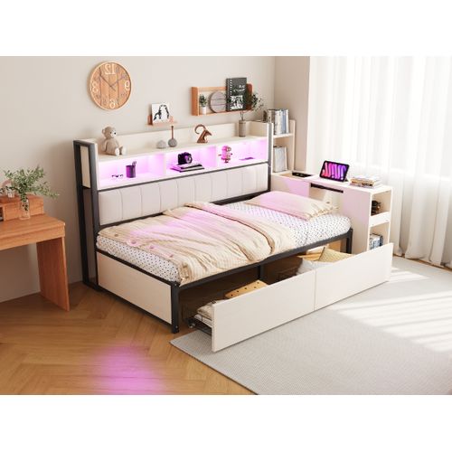 Lit Banquette 90x200 Cm, Bureau Escamotable, Rangement, LED, Prise Multifonction, Fer, Blanc