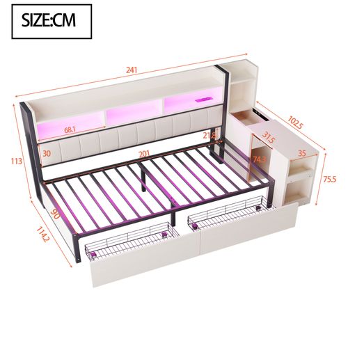 Lit Banquette 90x200 Cm, Bureau Escamotable, Rangement, LED, Prise Multifonction, Fer, Blanc