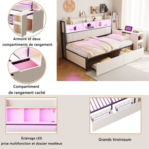 Lit Banquette 90x200 Cm, Bureau Escamotable, Rangement, LED, Prise Multifonction, Fer, Blanc