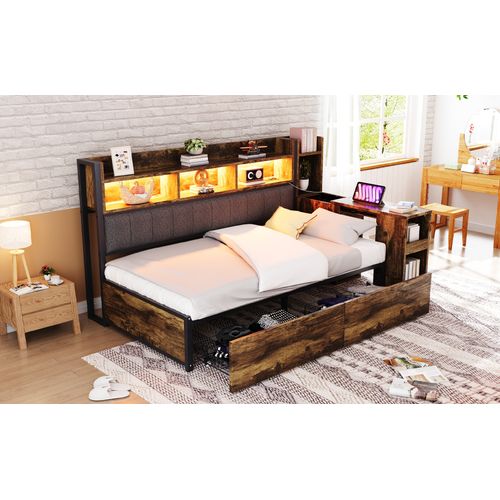 Lit Banquette 90x200 Cm, Bureau Escamotable, Rangement, LED, Prise Multifonction, Fer, Bois